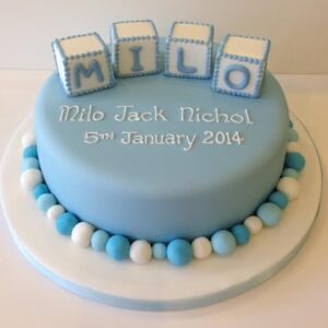 Baby blue bay block christening cake