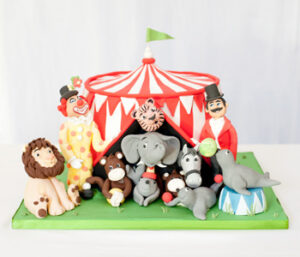 Big top circus themed birthday cake