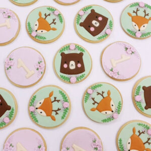 Cute woodland animals themed birthday biscuits