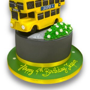 Wheels on the bus shape cake for twins birthday - - CakesDecor