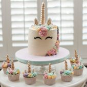 Unicorn birthday cake with unicorn cupcakes