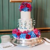 Three Tier Wedding Cake with Red and Blue Flowers