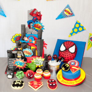 superhero themed dessert table
